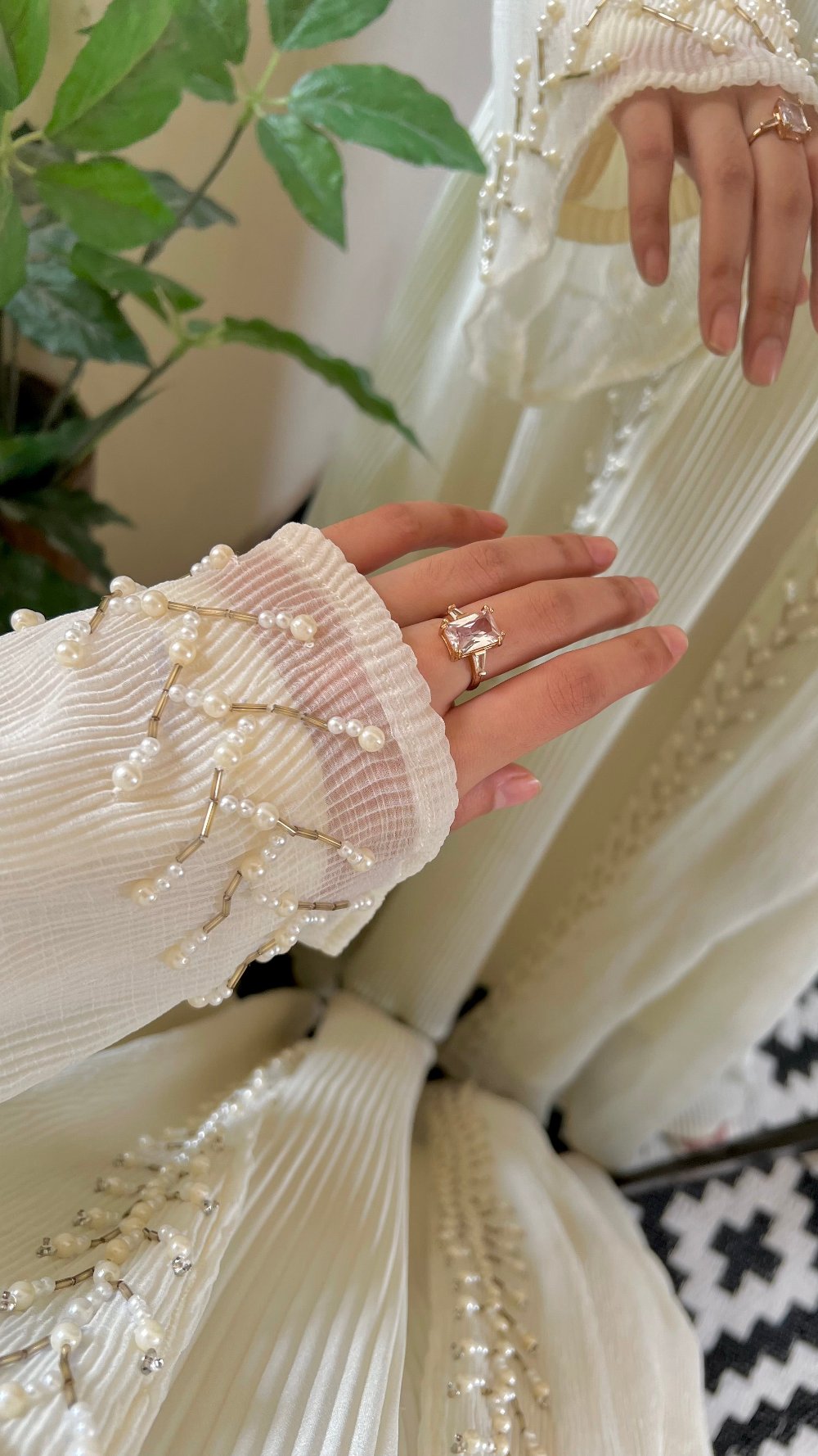 Cream Pearl work Abaya
