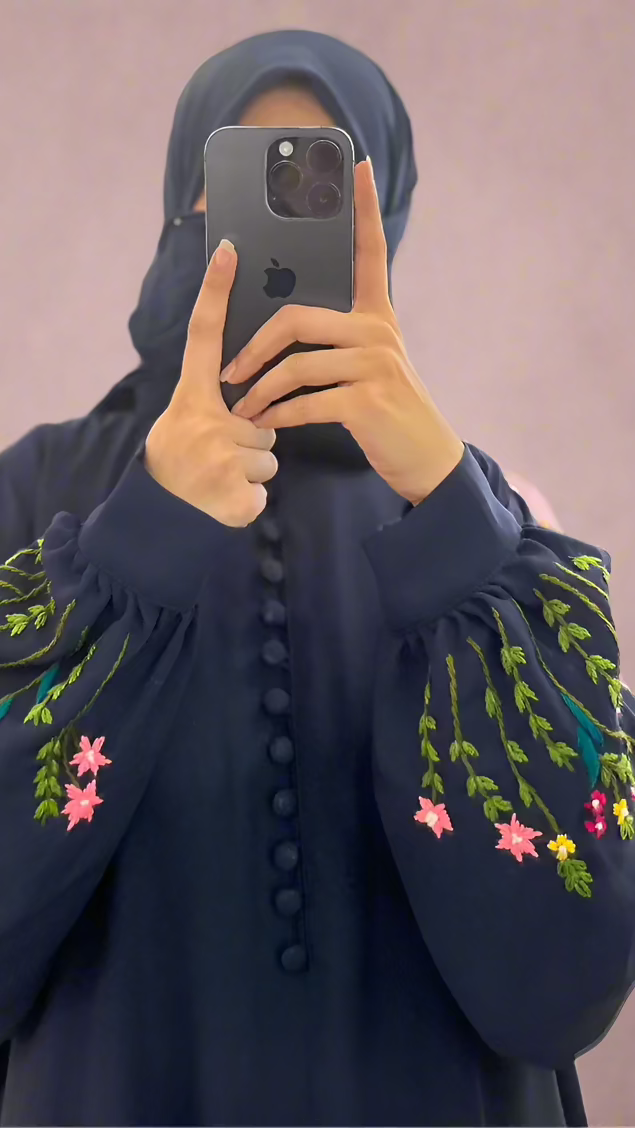 Floral Handwork Sleeves Abaya (Olive Green)