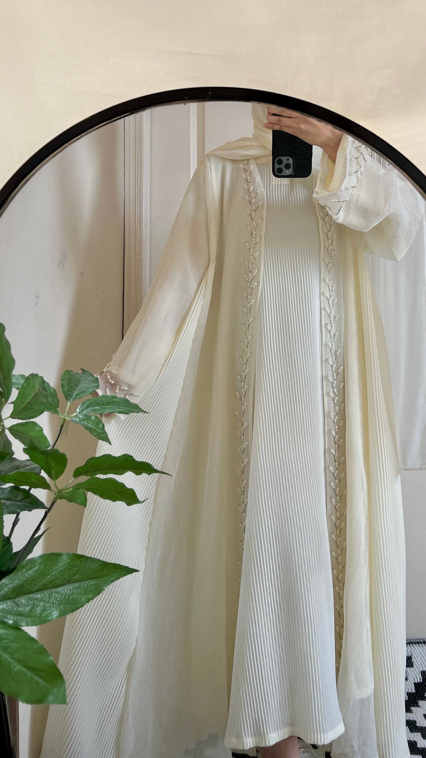 Cream Pearl work Abaya