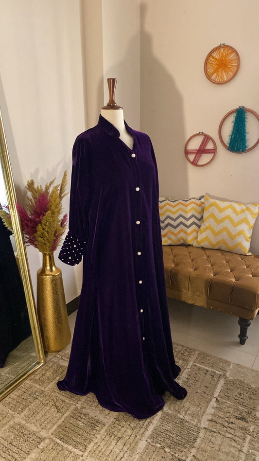 Velvet cuff work Abaya with Pearl Buttons