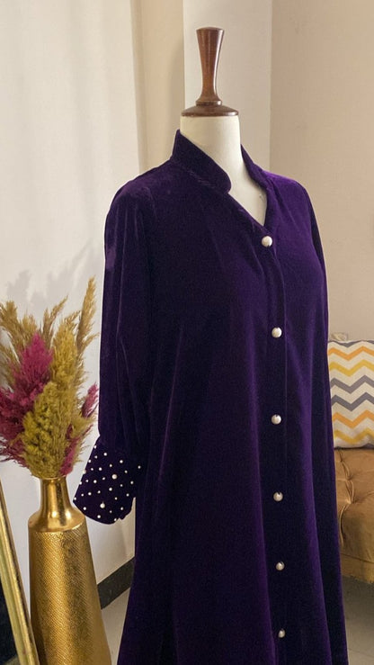 Velvet cuff work Abaya with Pearl Buttons