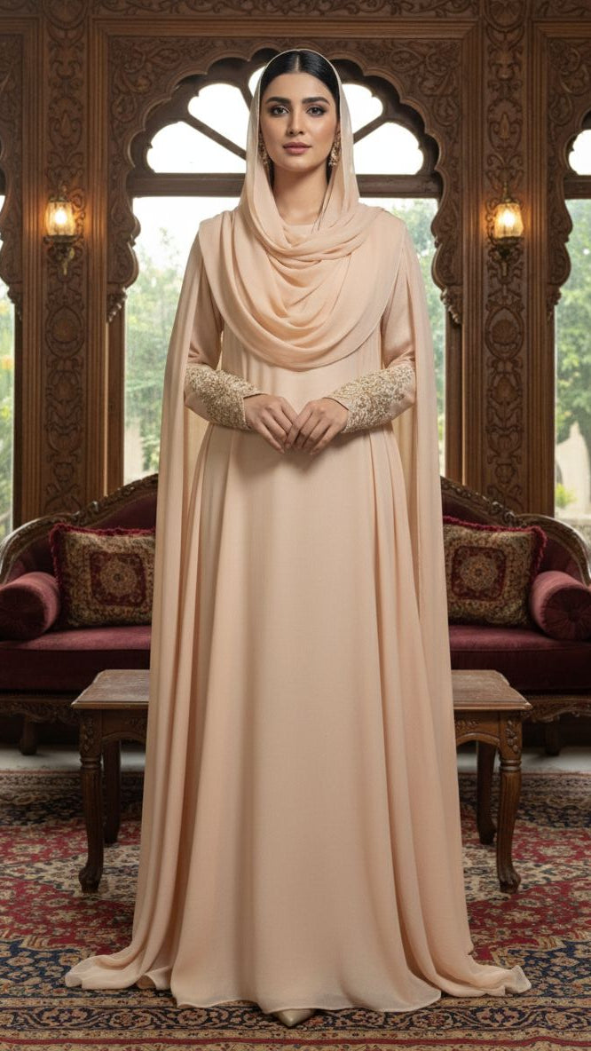 Woman in a beige dress and headscarf standing in an ornate room with decorative furniture.