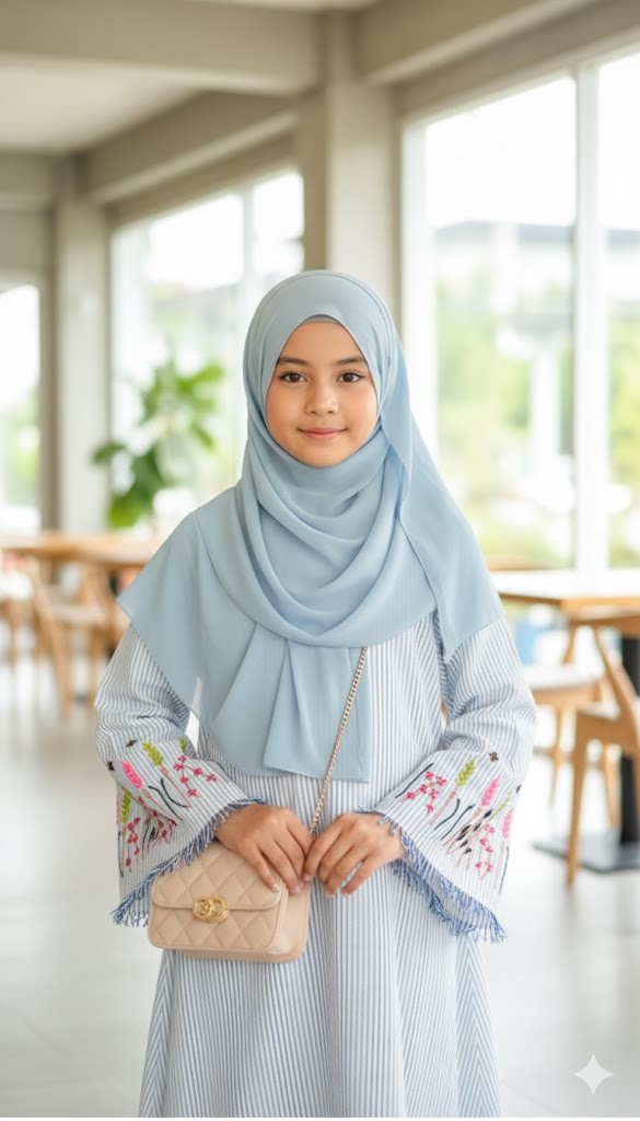Woman wearing a light blue hijab and white outfit with floral patterns indoors.