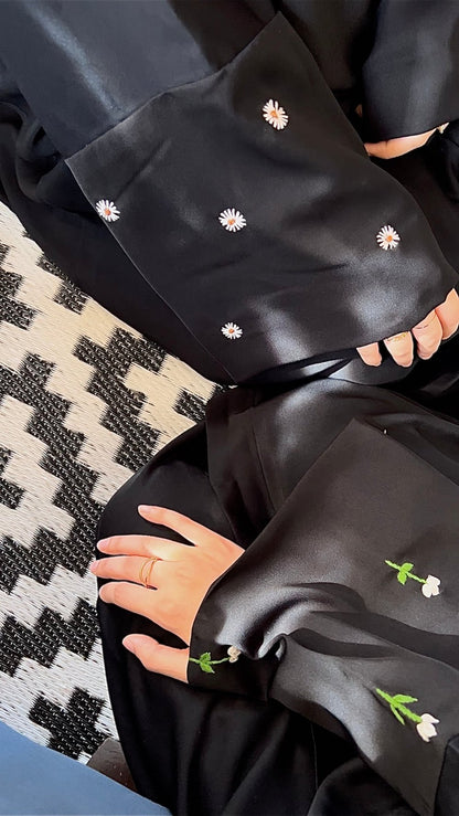 Black Daisy floral abaya