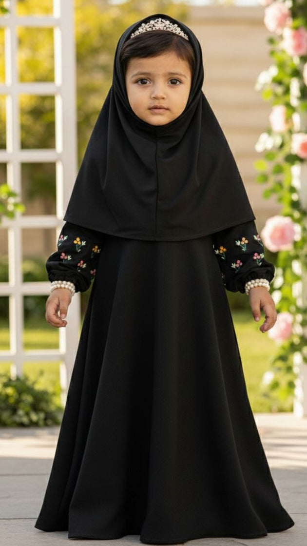 Young girl in a black dress with floral embellishments standing in front of a decorative floral arch.