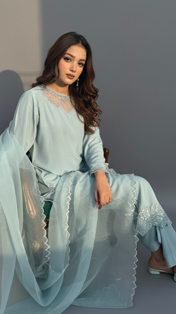 Woman in a light blue traditional outfit sitting on a chair against a neutral background