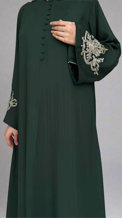 Green abaya with embroidery on a white background
