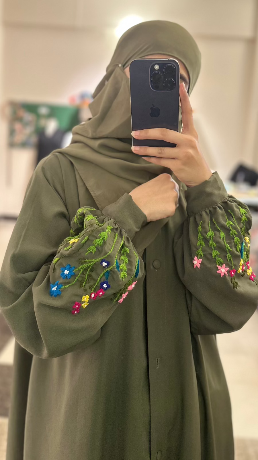 Floral Handwork Sleeves Abaya (Olive Green)